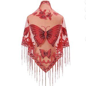 Butterfly Print Sheer Shawl with Fringe - Red - OS